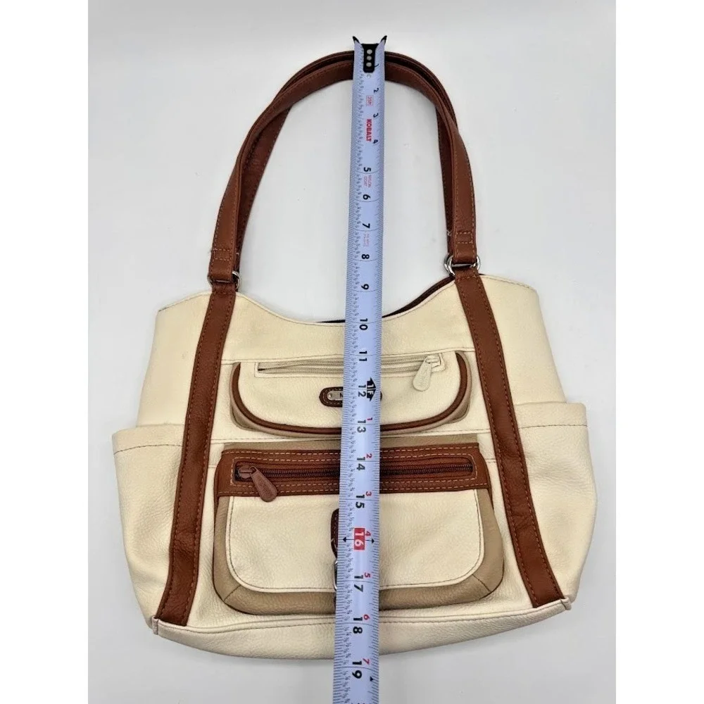 MultiSac Women Shoulder Bag Beige Brown Faux Leather Large Tote Zip Pockets